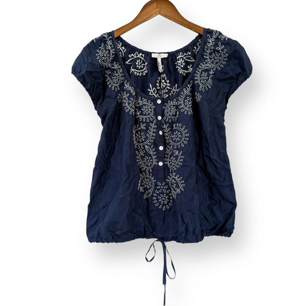 Joie Embroidered Silk Blouse Top Womens Size XS Navy Blue Drawstring Hem Boho